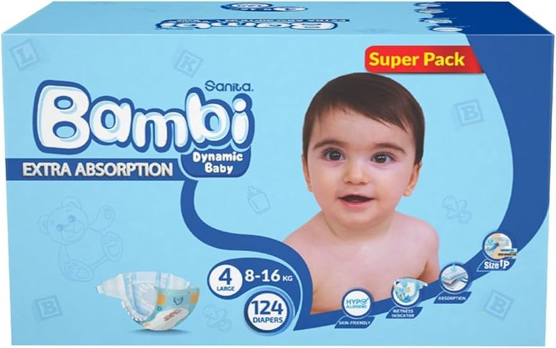 Super box baby diapers size 4 large, 8-16 kg - 124 diapers