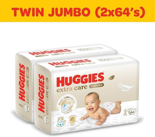 Extra Care baby diapers, newborn, size 2, 4-6 kg, 128 pieces (64×2) - gentle skin care, dermatologist approved