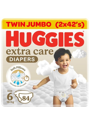 Jumbo pack of super care baby diapers size 6 for weight 15+ kg, 84 pieces (42 x 2) for gentle skin care and made of breathable material